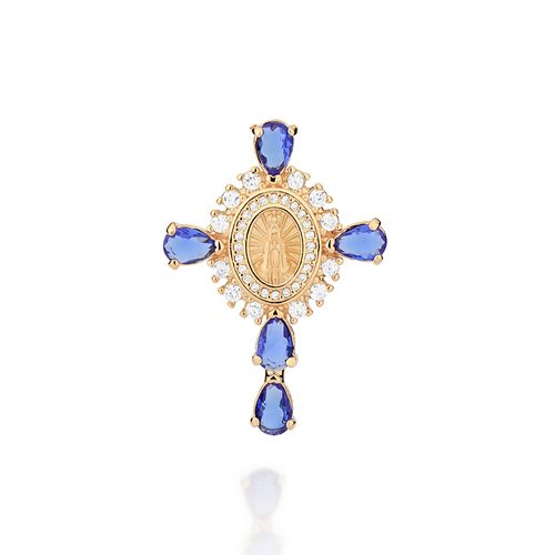 GOLD BLUE OUR LADY REVEALED CROSS PENDANT
