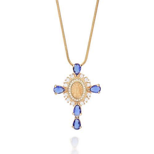 GOLD BLUE OUR LADY REVEALED CROSS PENDANT